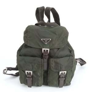 Prada Tessuto Nylon Triangle Logo Khaki Leather Backpack Bag for Women